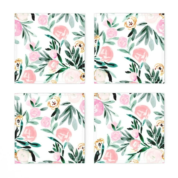Cloth Placemats Pink Watercolor Floral Roses Rose Flower Leaves Green Set of 2 Cloth Placemats Pink Watercolor Floral Roses Rose Flower Leaves Green Set of 2
